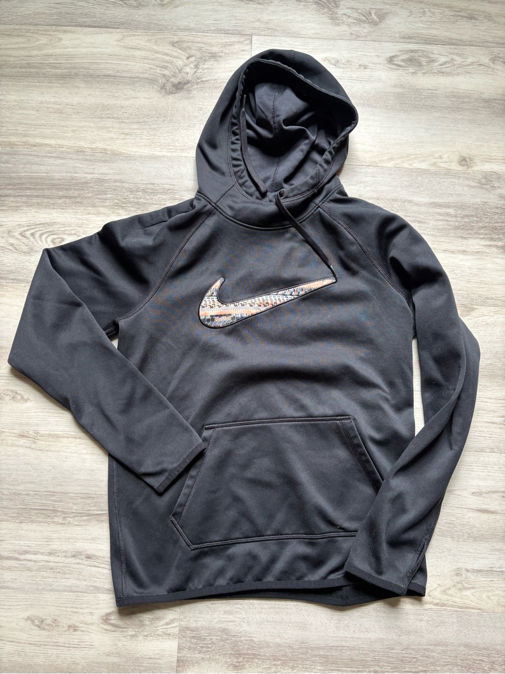Nike Black Hoodie with Multicolor Patterned Swoosh